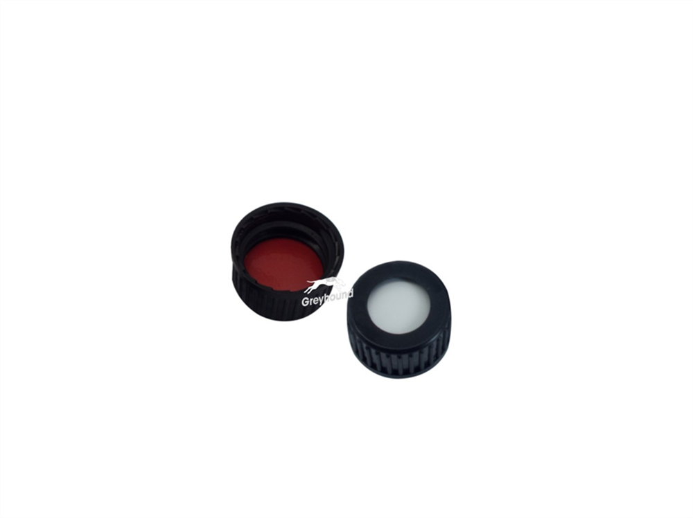 Picture of 18mm Polypropylene Open Top Screw Cap, Black with White Silicone/Red PTFE Septa, 1.5mm (Shore A 55)